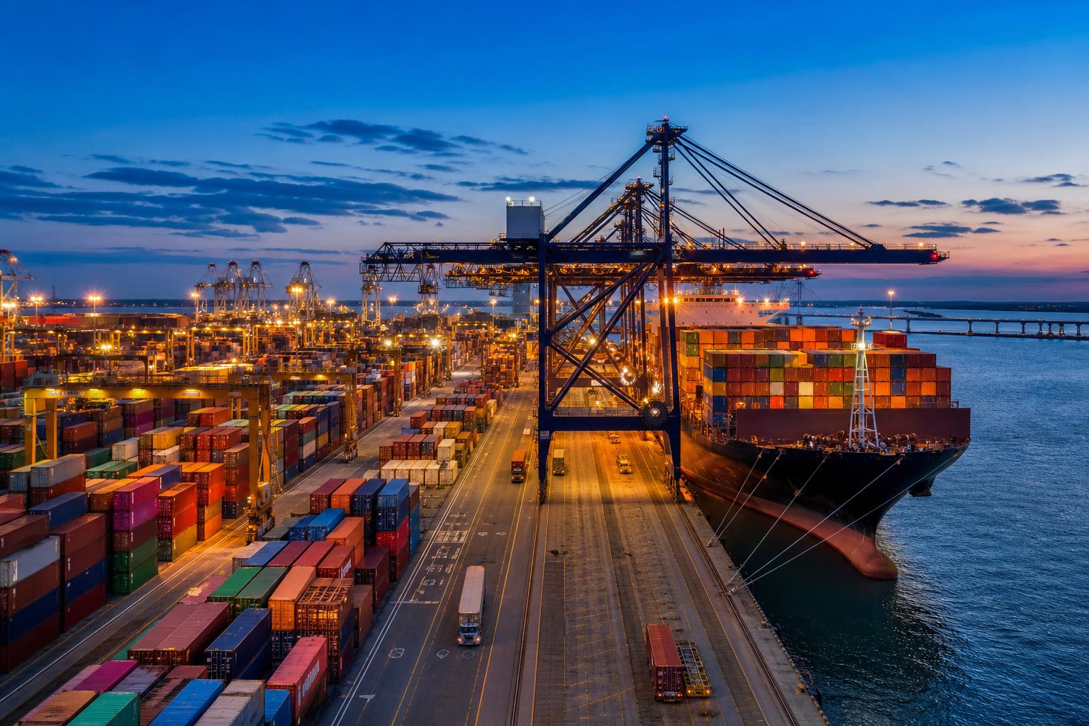 Modern container terminal port at dusk